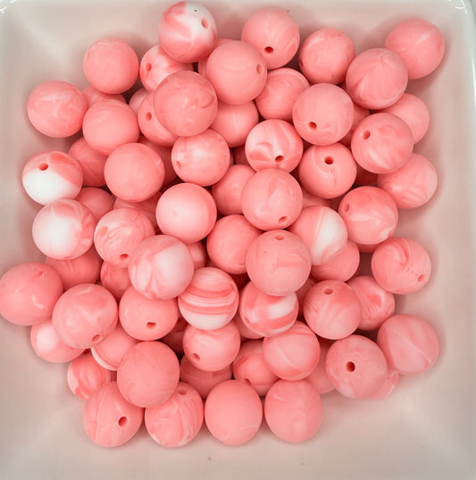 15mm Bubble gum pink and white swirl silicone bead