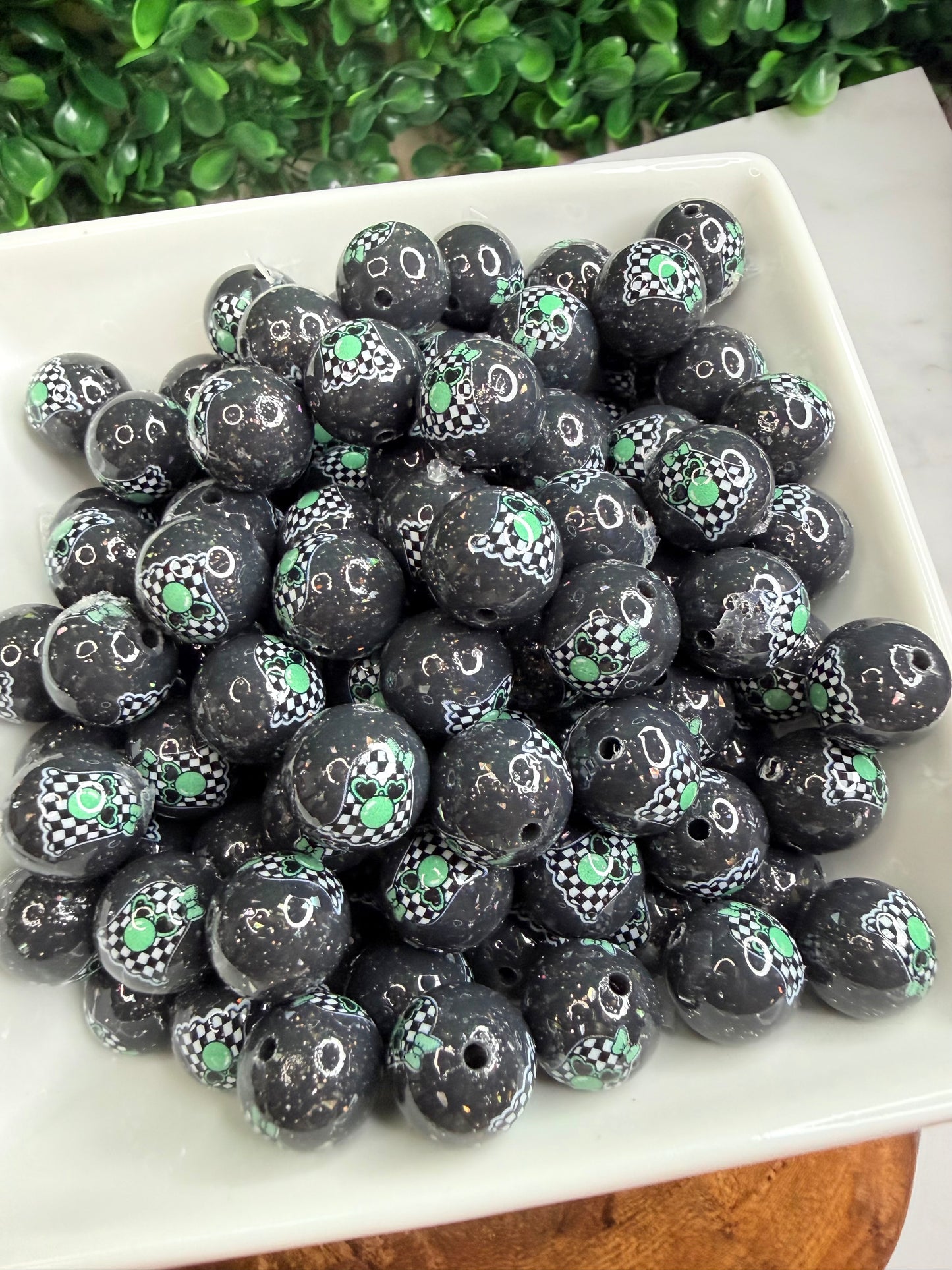 15mm Liquid Checkered Girly pop Ghost Black Glitter Glam (pack of 5)