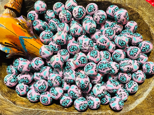 15mm Pink & Teal Aztec beads (pack of 5) EXCLUSIVE