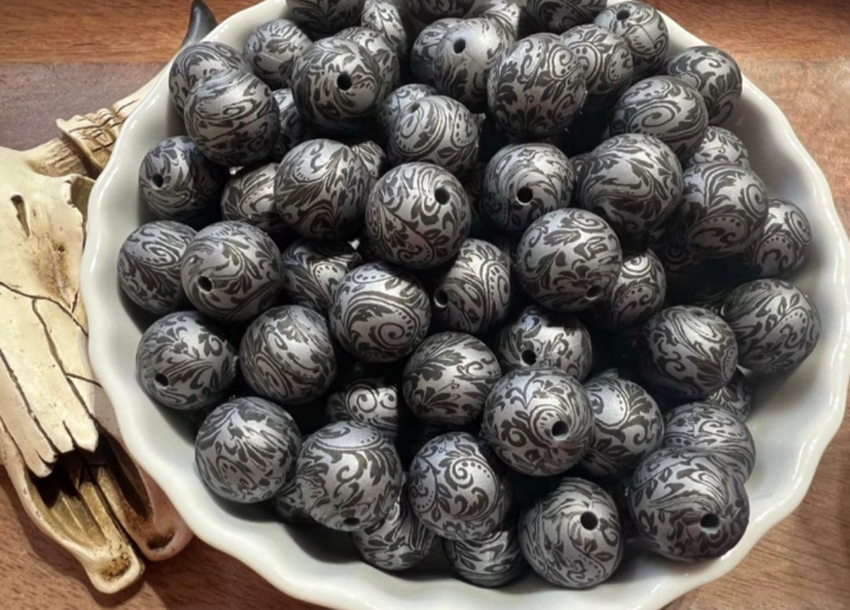 15mm Metallic Gunmetal tooled printed beads (pack of 5) •Exclusive•