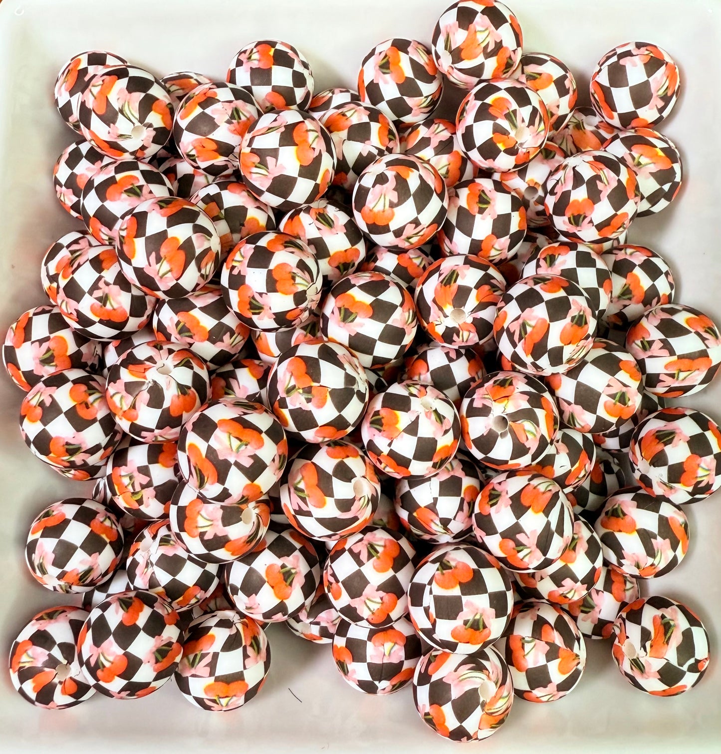 15mm Cherry & Checkered printed beads (pack of 5) •Custom•