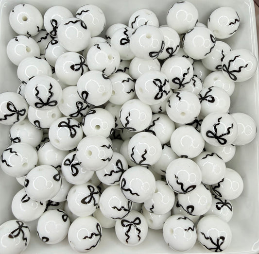 5mm Liquid White & Black bow printed beads •Exclusive• (pack of 5)