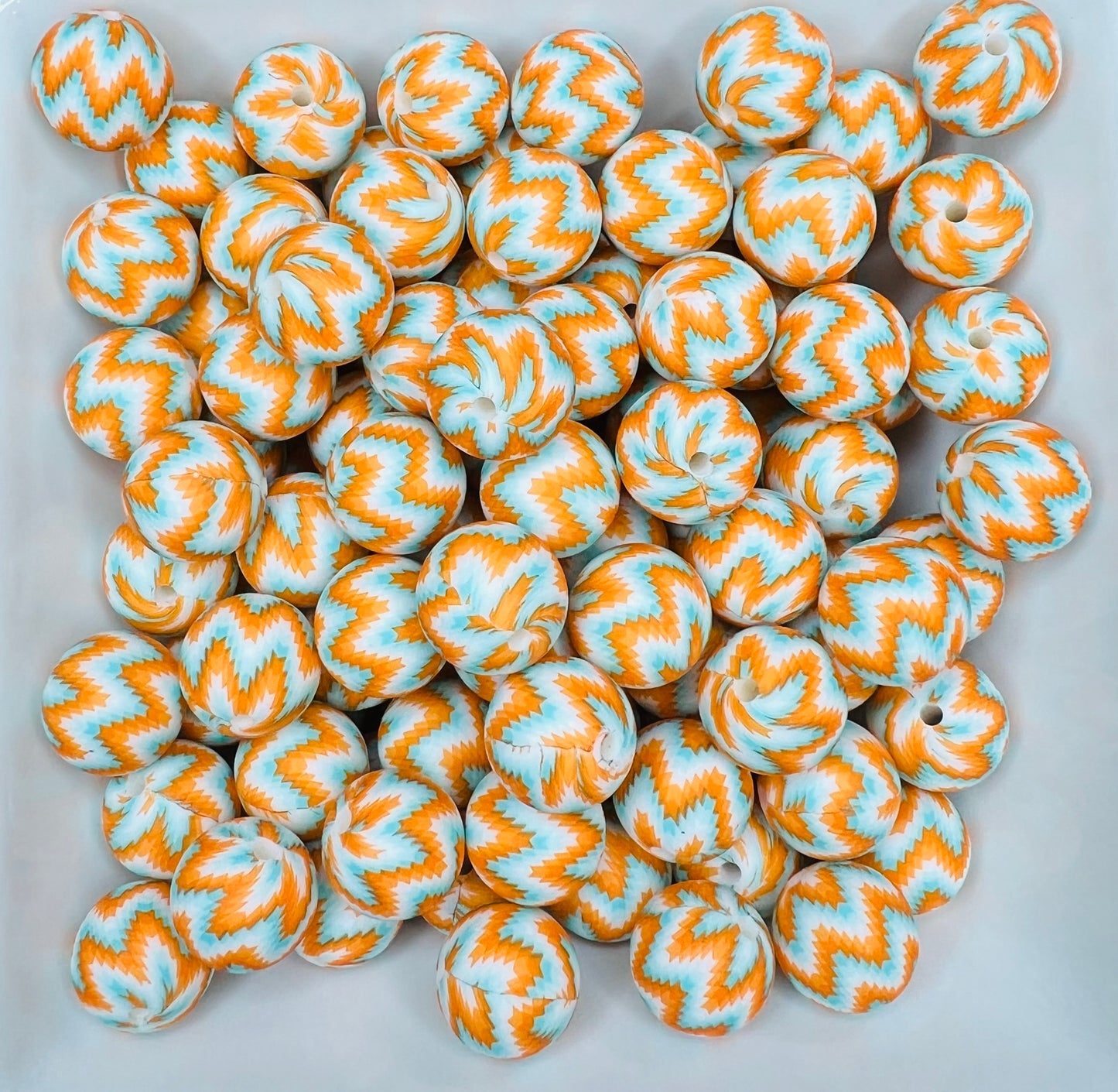 15mm Orange & teal Chevron printed beads (pack of 5) EXCLUSIVE