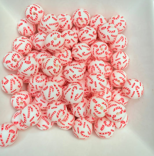 15mm Candy Cane printed silicone beads (pack of 5)