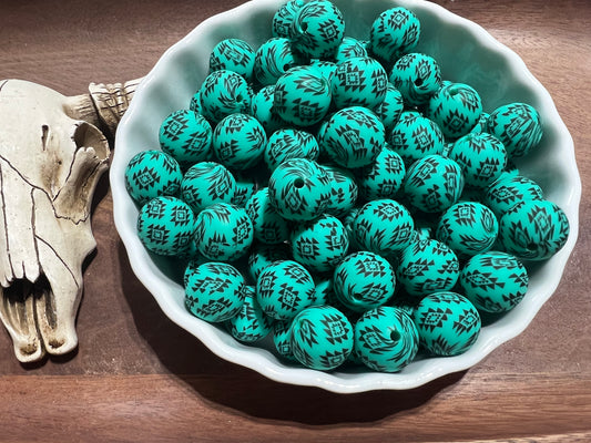 15mm Teal & black Aztec beads EXCLUSIVE(pack of 5)