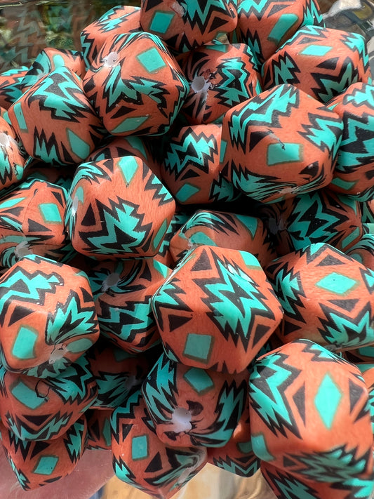 CUSTOM - 14mm Hexagon Rust & Teal Aztec